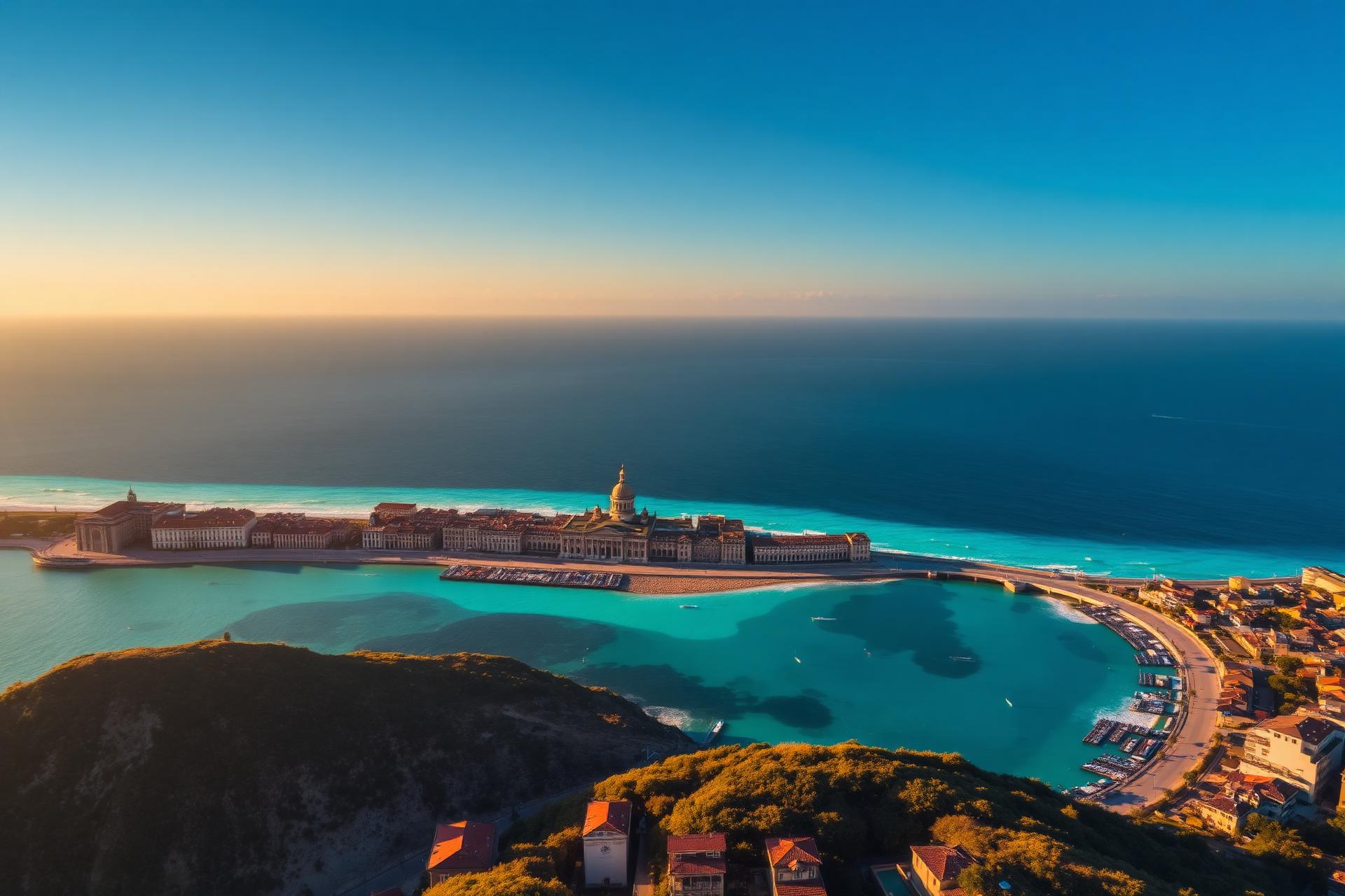 Aerial view of a coastal city at golden hour